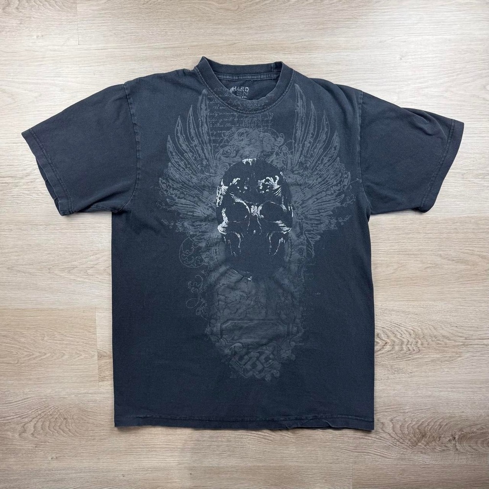 Y2K Hard Ten Clothing Co Grunge Skull Wings Graphic T-Shirt Washed Black XXL